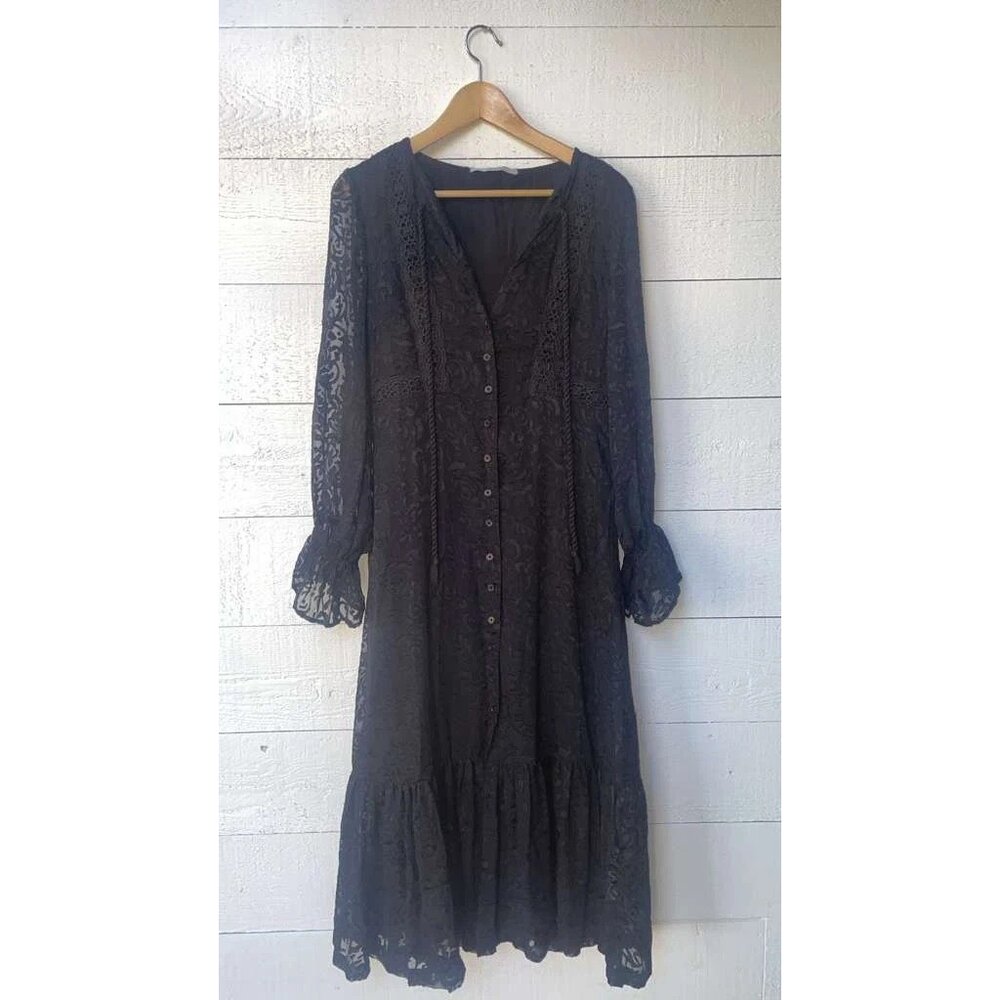 Uterque Floral Embroidered Crochet Lace Black Midi Dress S